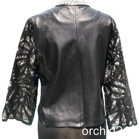 Cache Laser Cut Leather Lace Swing Jacket Top New Peek A Boo Black White $398 - Picture 4 of 6